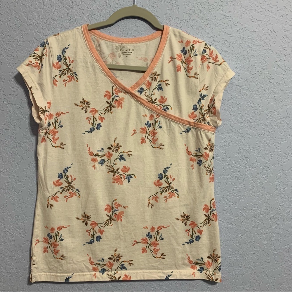 Garnet Hill Floral Organic Cotton Short Sleeve Mock Wrap Tee